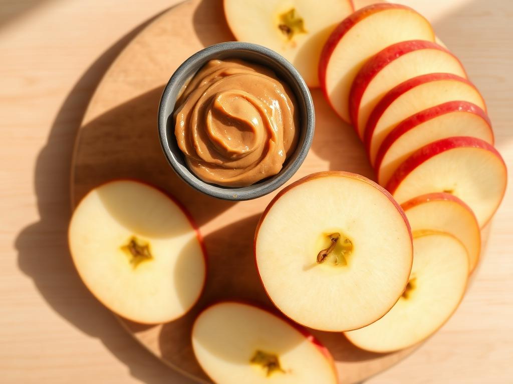 Apple slices with peanut butter served and ready to eat
