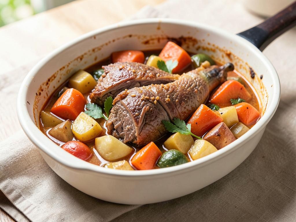 A casserole dish of lamb hotpot with sliced potato topping