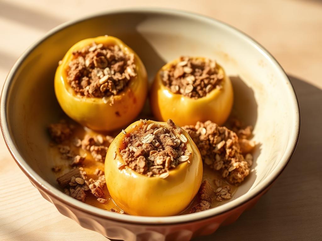 Baked apples with oats and cinnamon served and ready to eat
