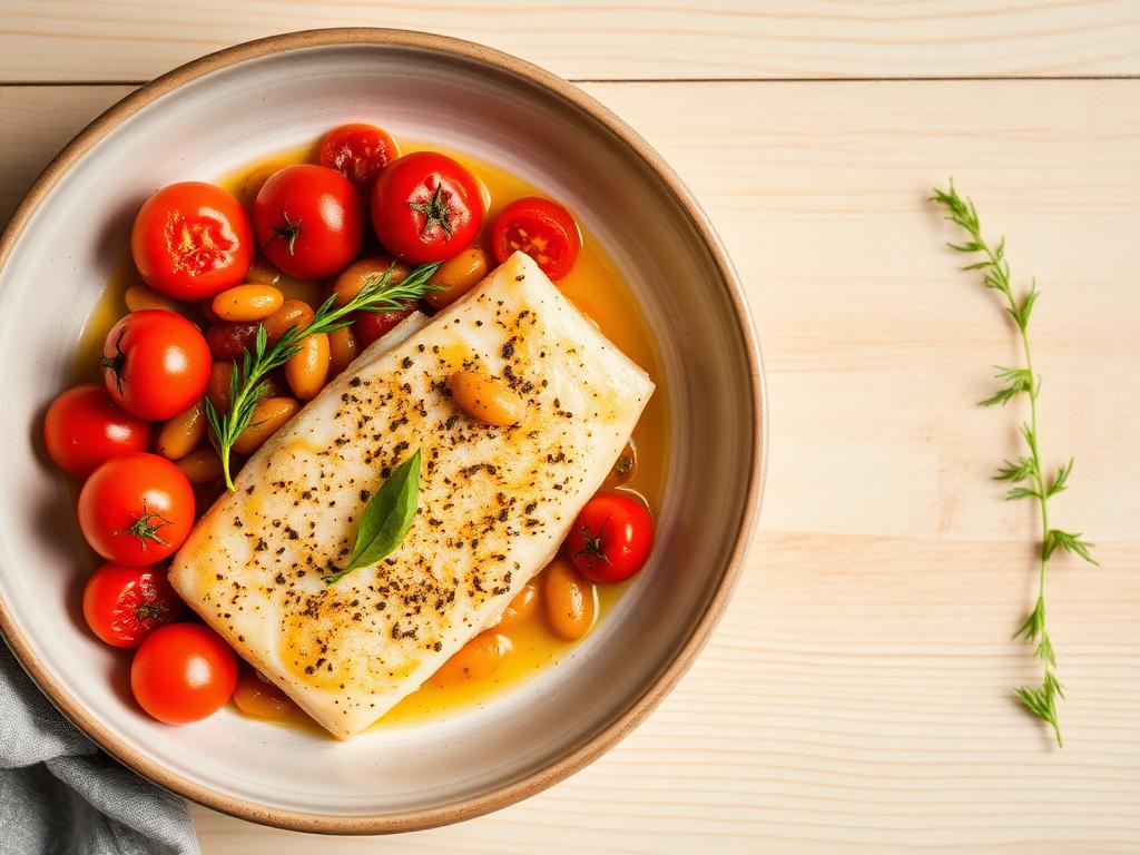 Baked cod with tomatoes and butter beans served and ready to eat