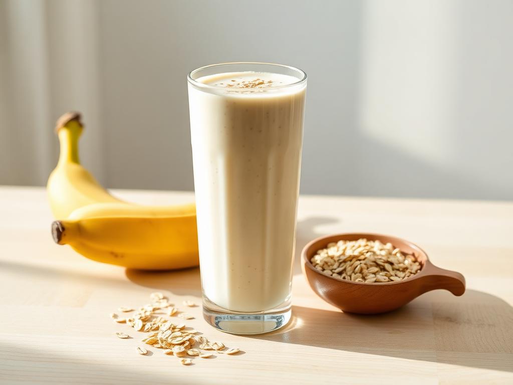 Banana, oat and milk smoothie served and ready to eat