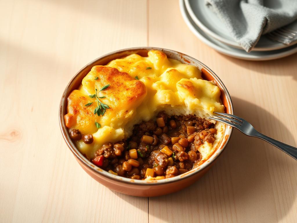 Beef & lentil cottage pie served and ready to eat