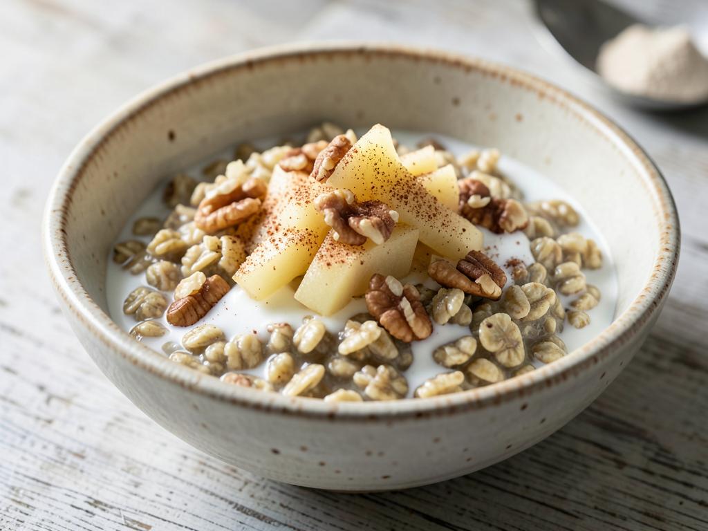 Bowl of steel-cut oats topped with cooked apple slices and cinnamon