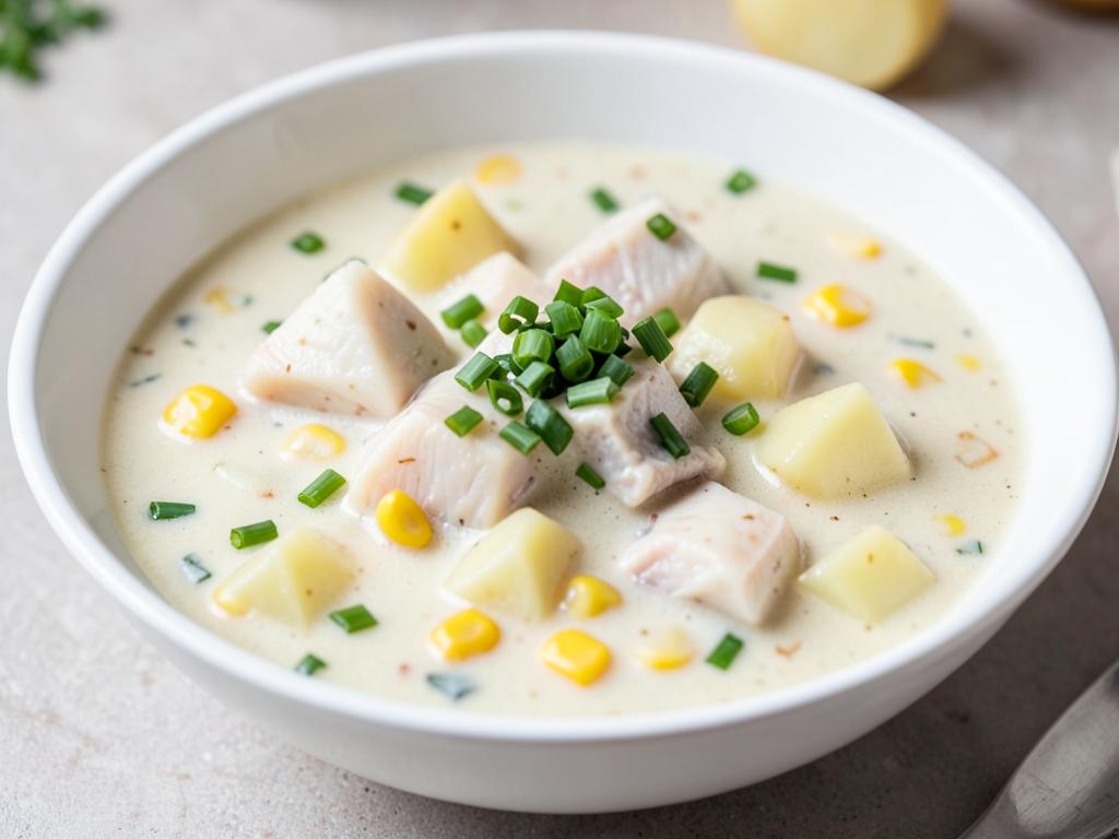 Bowl of creamy haddock chowder with potato, corn and chopped chives