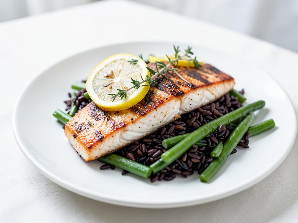 Baked trout fillet with lemon on a bed of wild rice with green beans