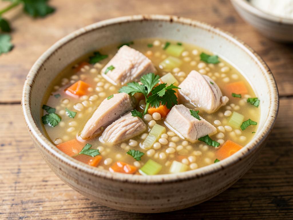 Bowl of chicken and barley soup with carrots, celery and parsley