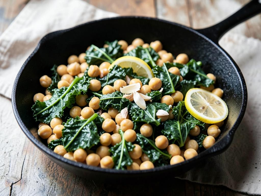 Chickpea and kale skillet — A one-pan lunch of chickpeas, kale and tomatoes ready in twenty minutes.