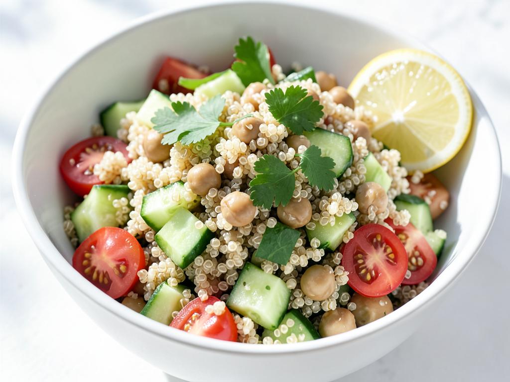 Bowl of quinoa and chickpea salad with cucumber, tomato, parsley and lemon