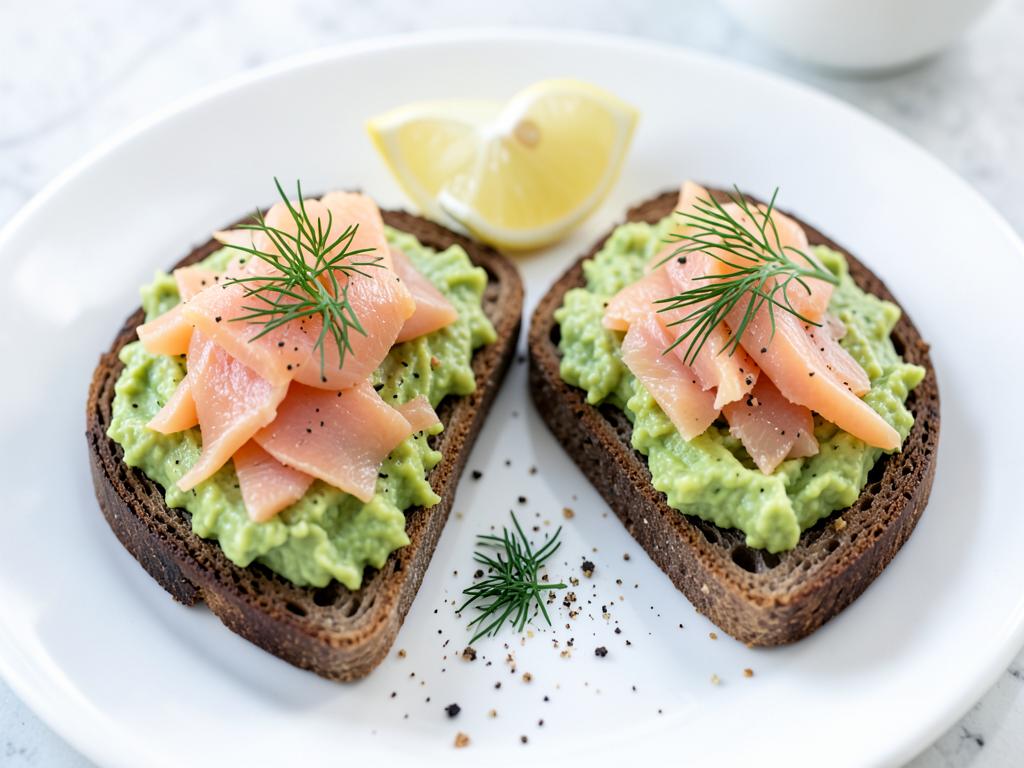 Rye toast topped with mashed avocado, flaked cooked salmon, dill and lemon