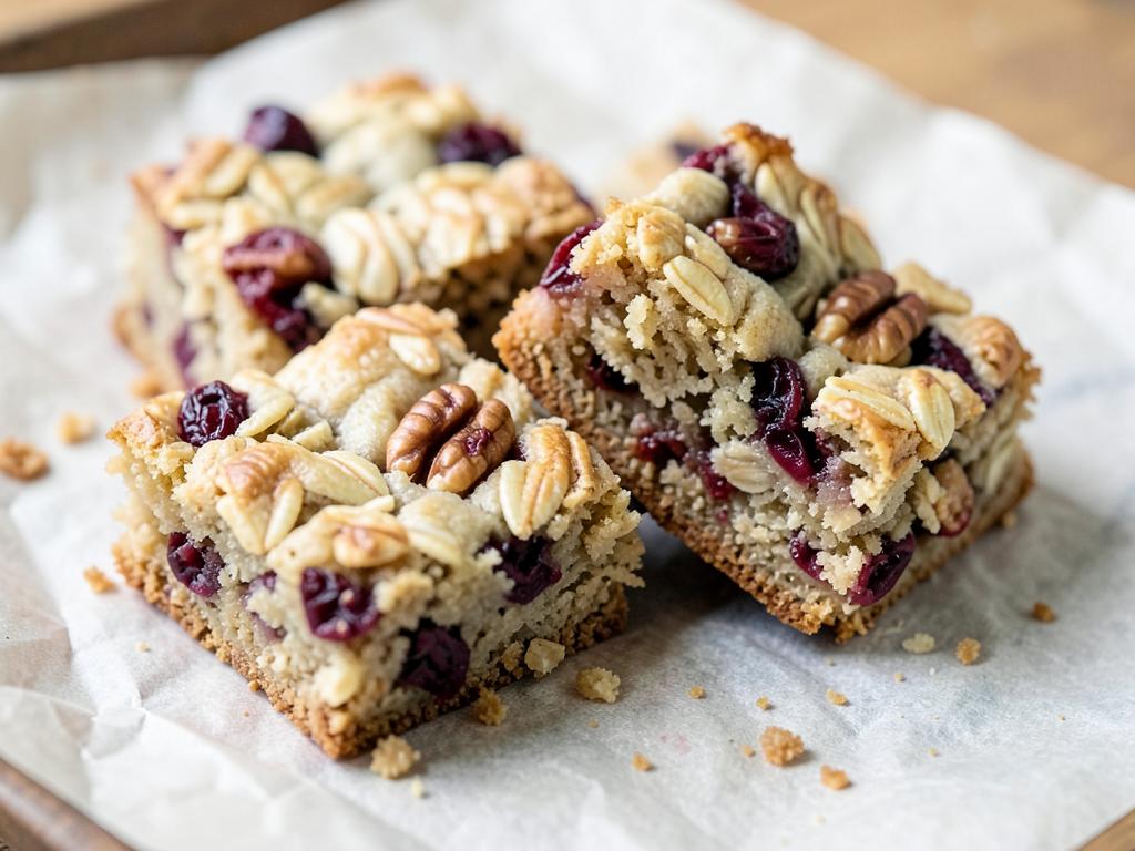 Tray of baked oat bars with dried cranberries and walnut pieces, cut into squares