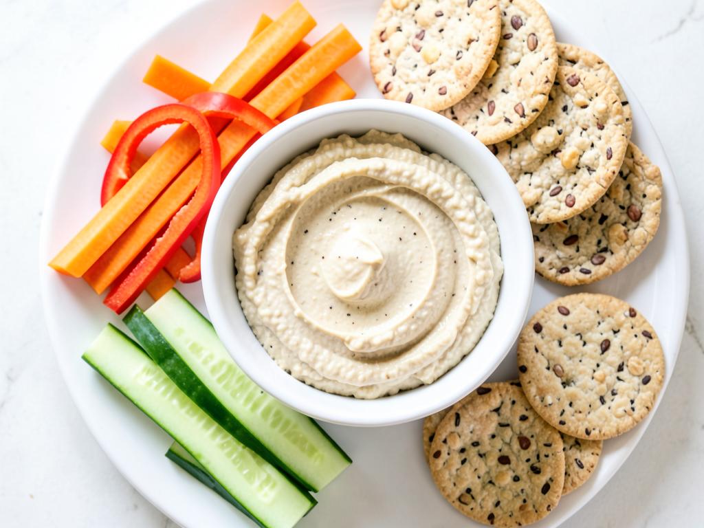 Plate of hummus with carrot and cucumber sticks, pepper strips and whole-grain crackers