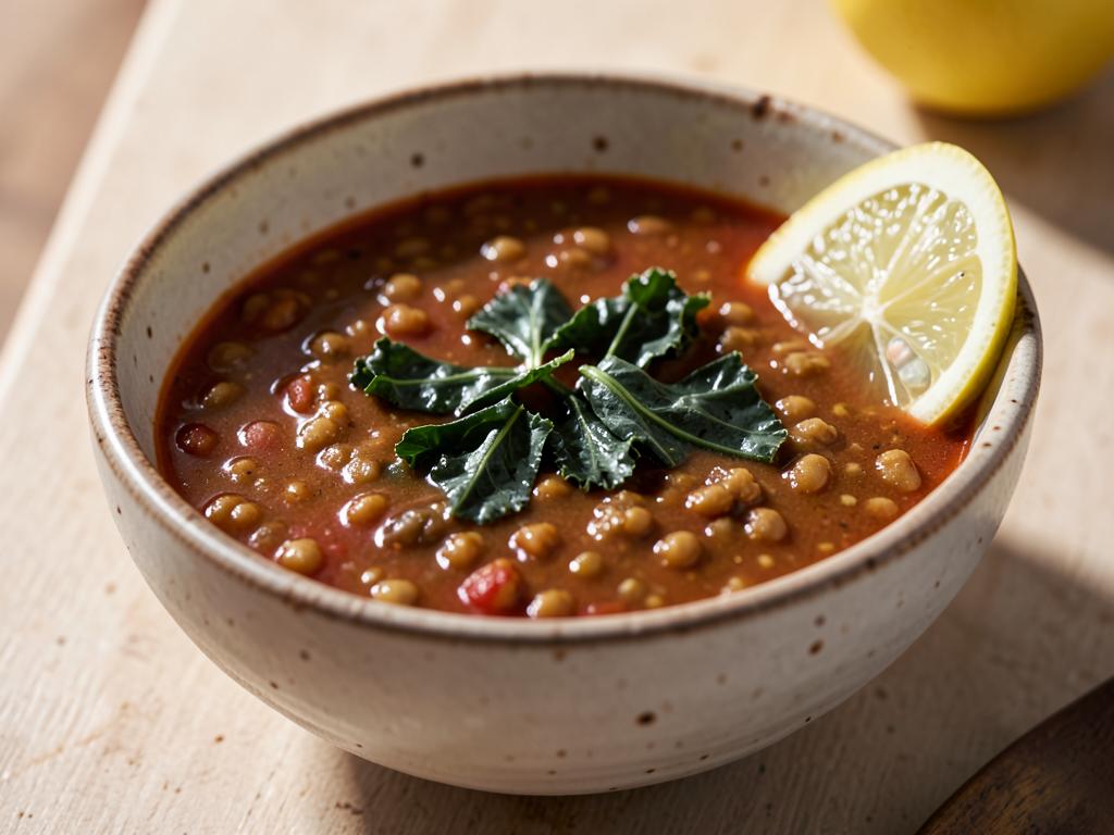 Bowl of brown lentil soup with kale, tomato and a lemon wedge