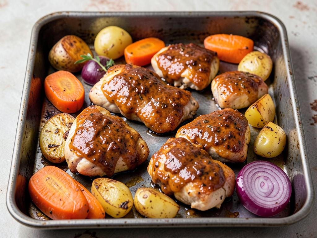 Maple-mustard chicken tray bake — Chicken thighs roasted with squash and Brussels sprouts in a light maple-mustard glaze.