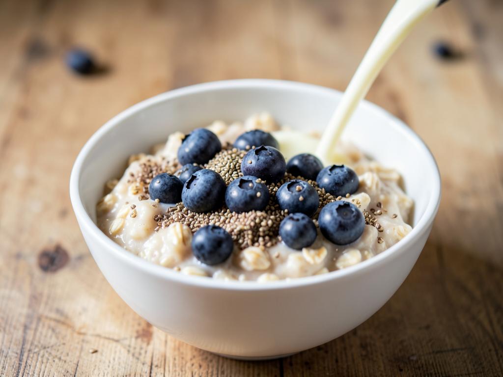 Oatmeal with wild blueberries and flax — Warming oatmeal with frozen wild blueberries and ground flaxseed, ready in under ten minutes.