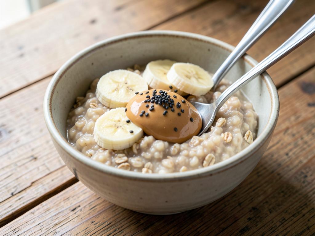 Bowl of oats topped with banana slices, peanut butter and chia seeds