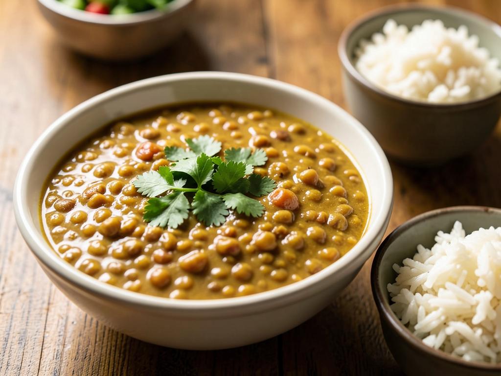 Bowl of golden red lentil dal with coriander leaves and rice