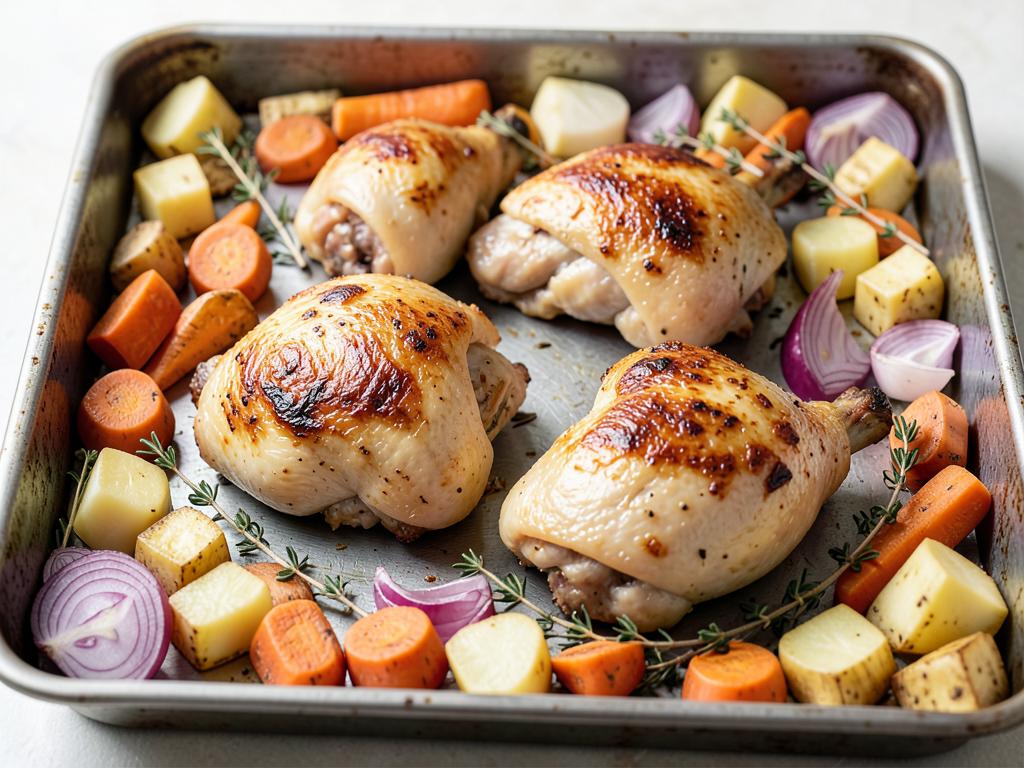 Sheet pan of roasted chicken pieces with parsnip, carrot, turnip and onion wedges