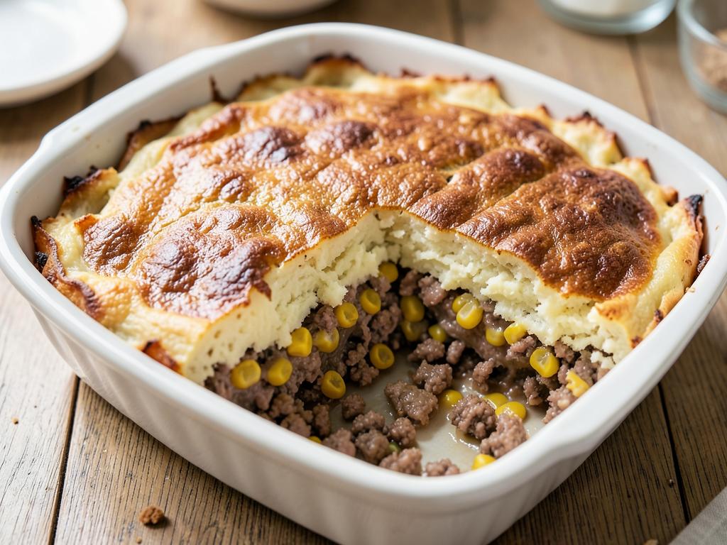 Baked shepherd's pie with browned mashed potato top, showing beef and corn layers