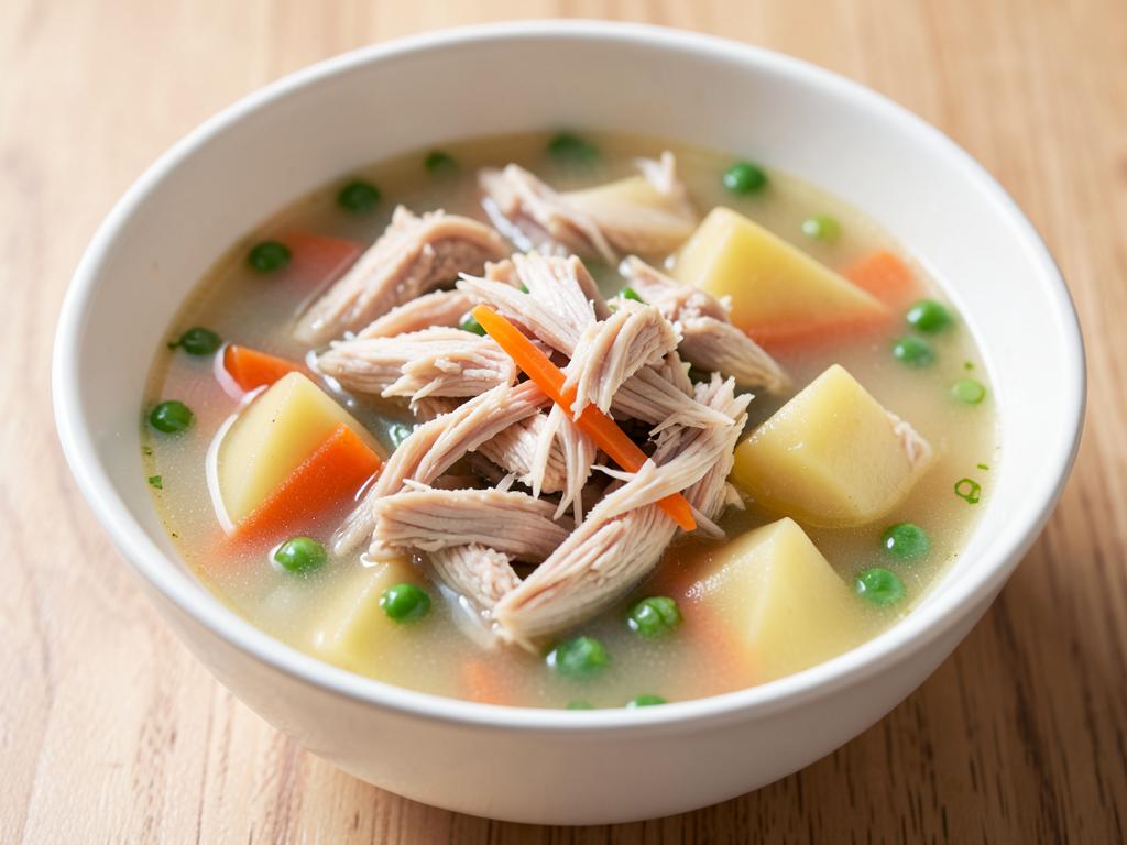 Slow-cooked chicken stew with potato, carrot and peas in a broth