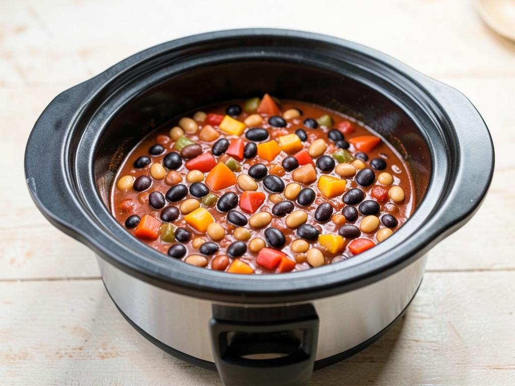 Slow cooker bean and vegetable chili with peppers and mixed beans