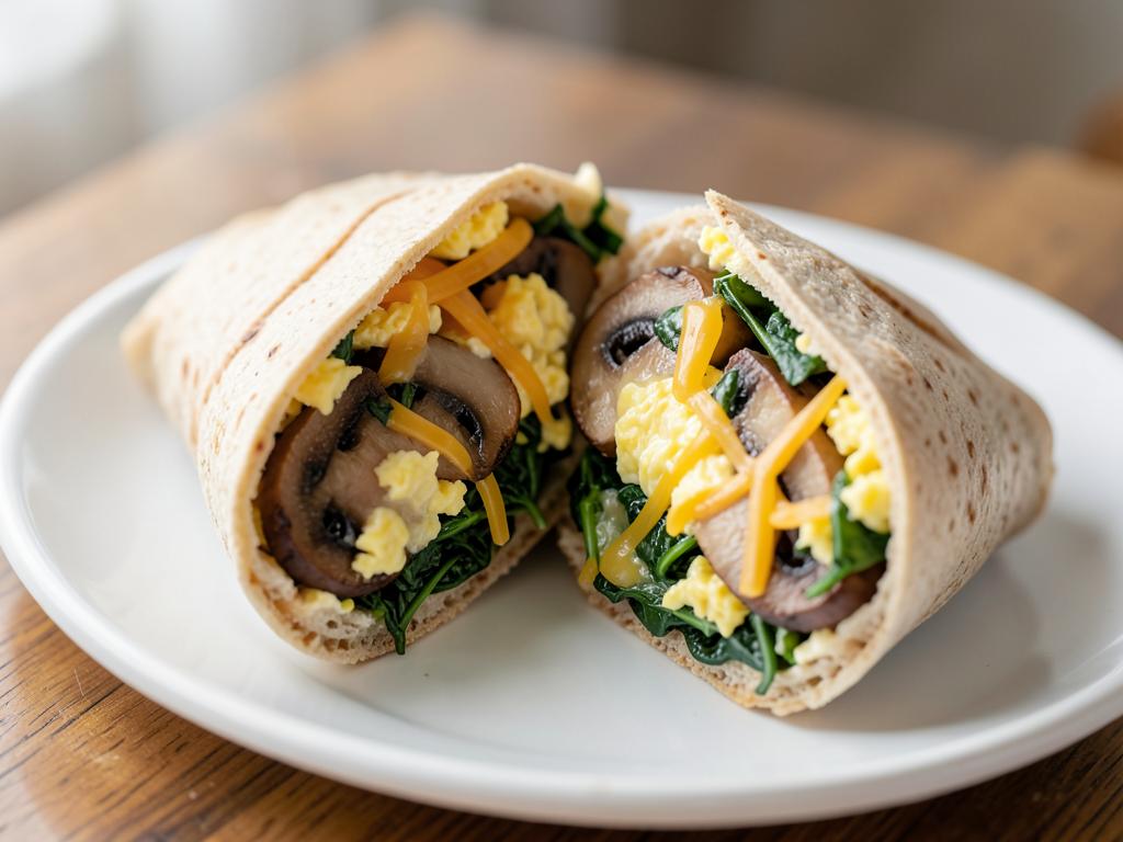 Whole-wheat wrap filled with scrambled egg, mushrooms and spinach, cut in half