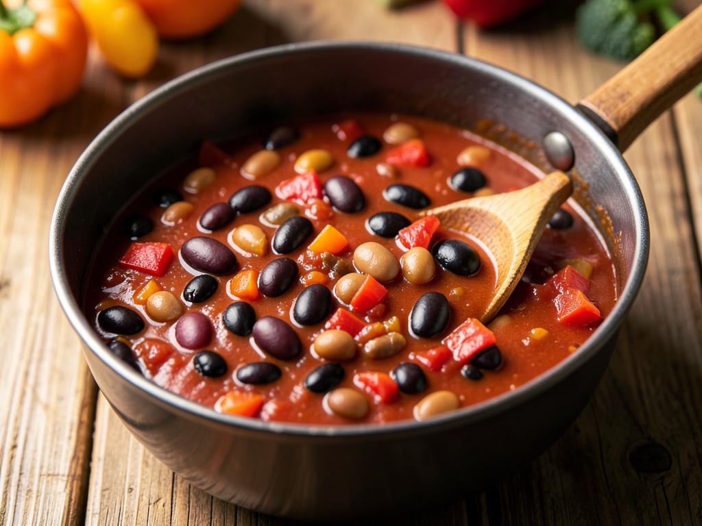 Pot of three-bean chili with black, kidney and pinto beans, peppers and tomato
