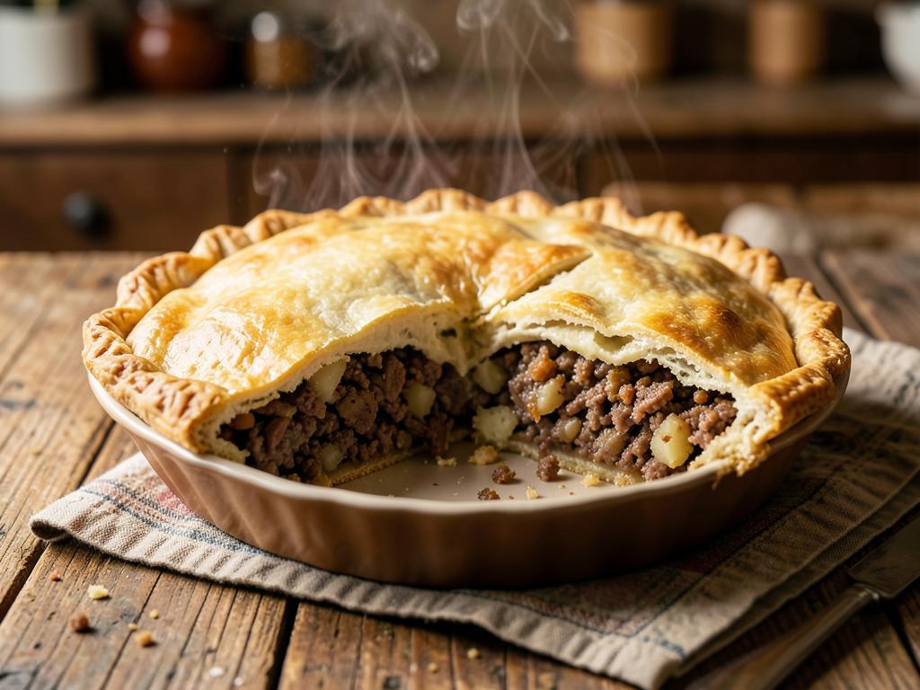 Golden double-crust tourtière in a pie dish with one slice removed showing spiced turkey filling