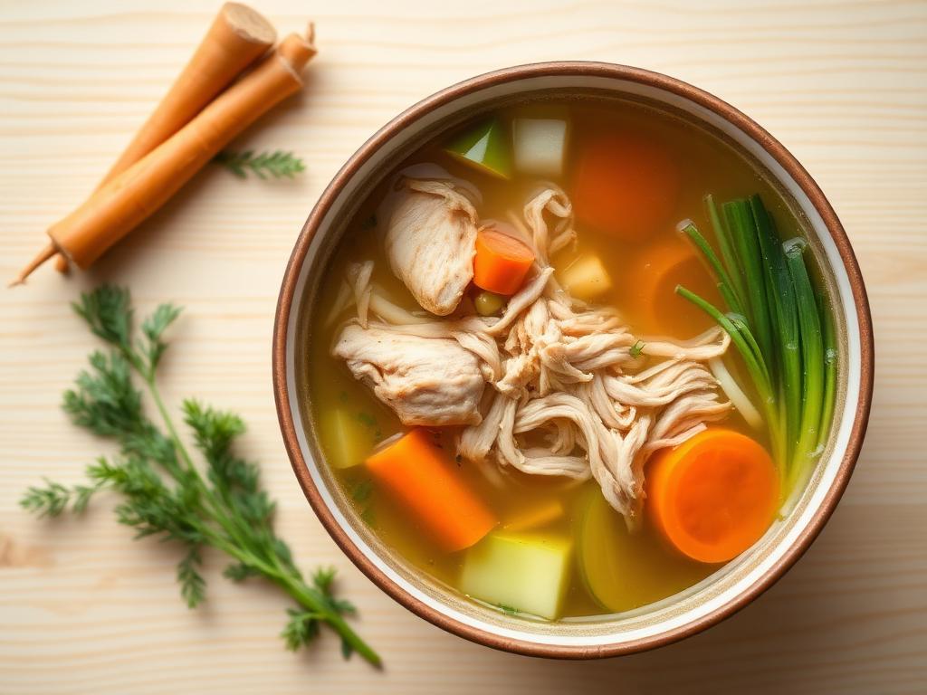 Chicken and vegetable broth served and ready to eat