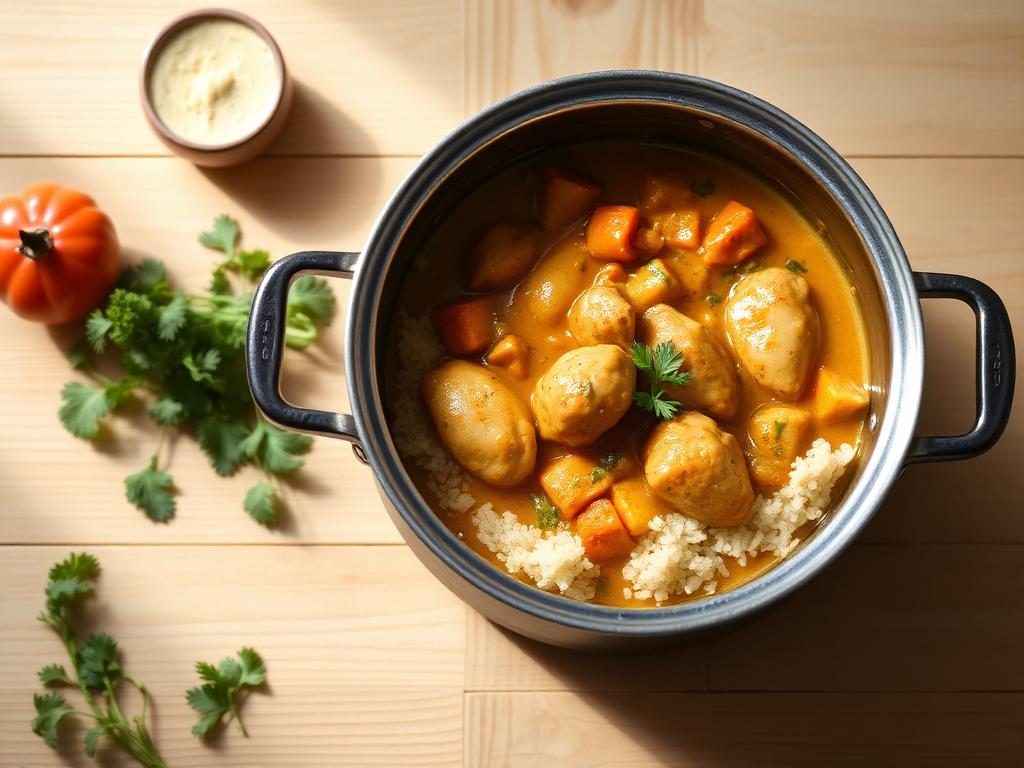 Chicken and vegetable curry base served and ready to eat