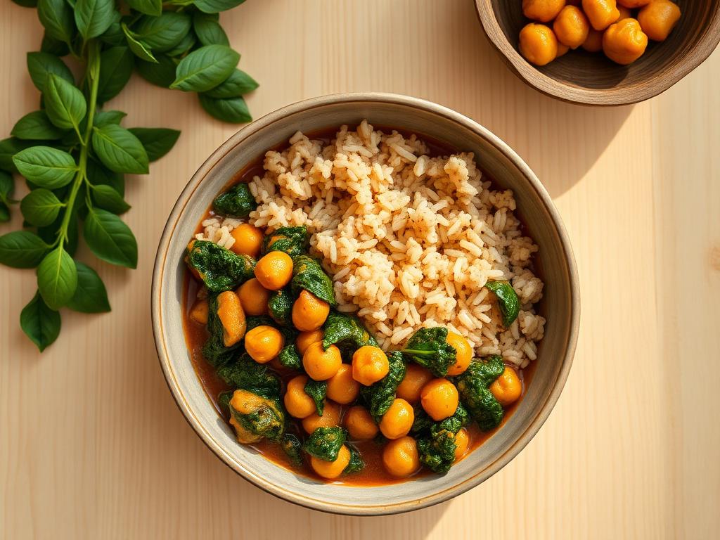 Chickpea & spinach curry with brown rice served and ready to eat
