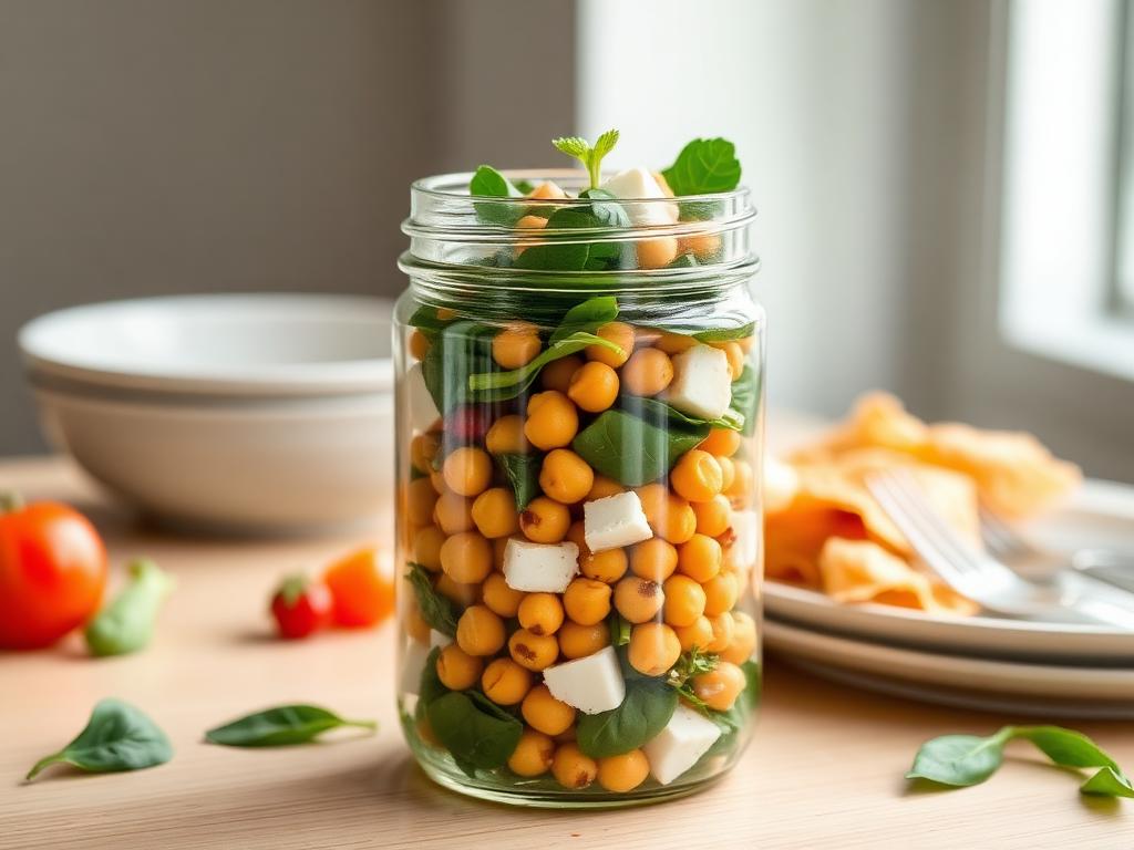 Chickpea and spinach salad jar served and ready to eat