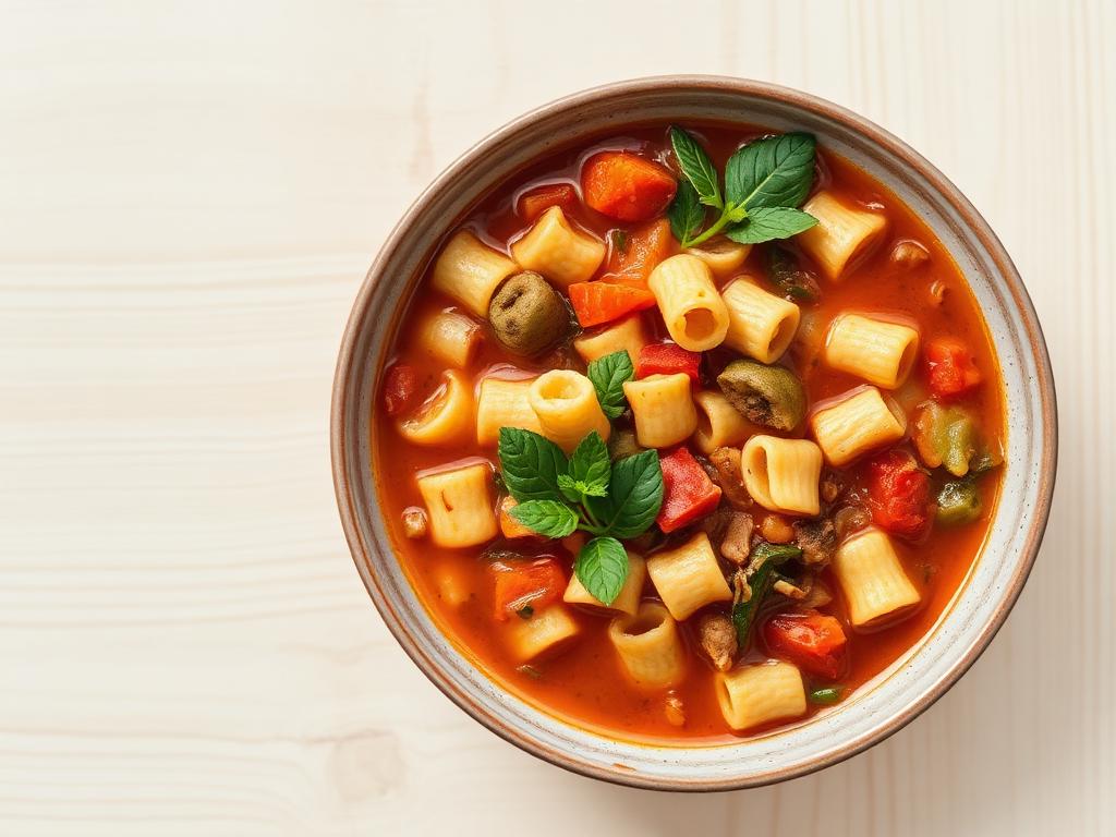 Chunky minestrone soup served and ready to eat