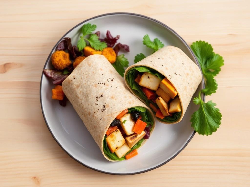Halloumi and roasted vegetable wrap served and ready to eat
