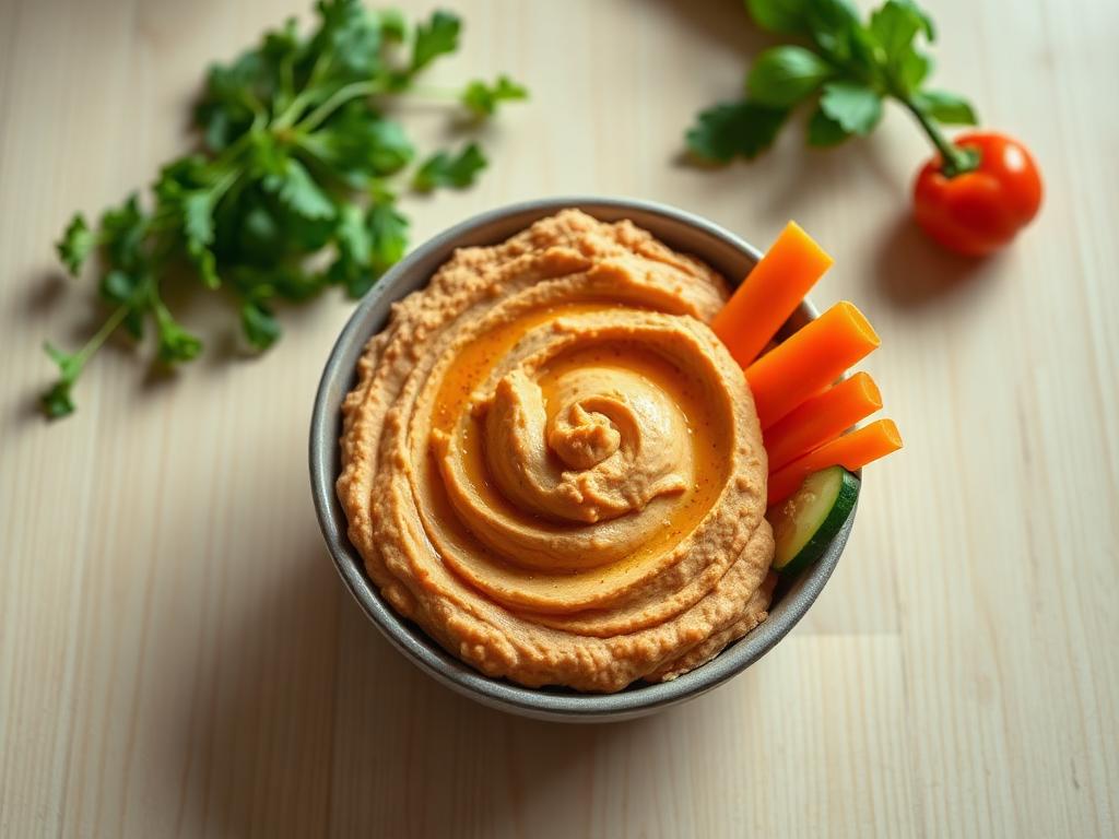Hummus with vegetable sticks served and ready to eat