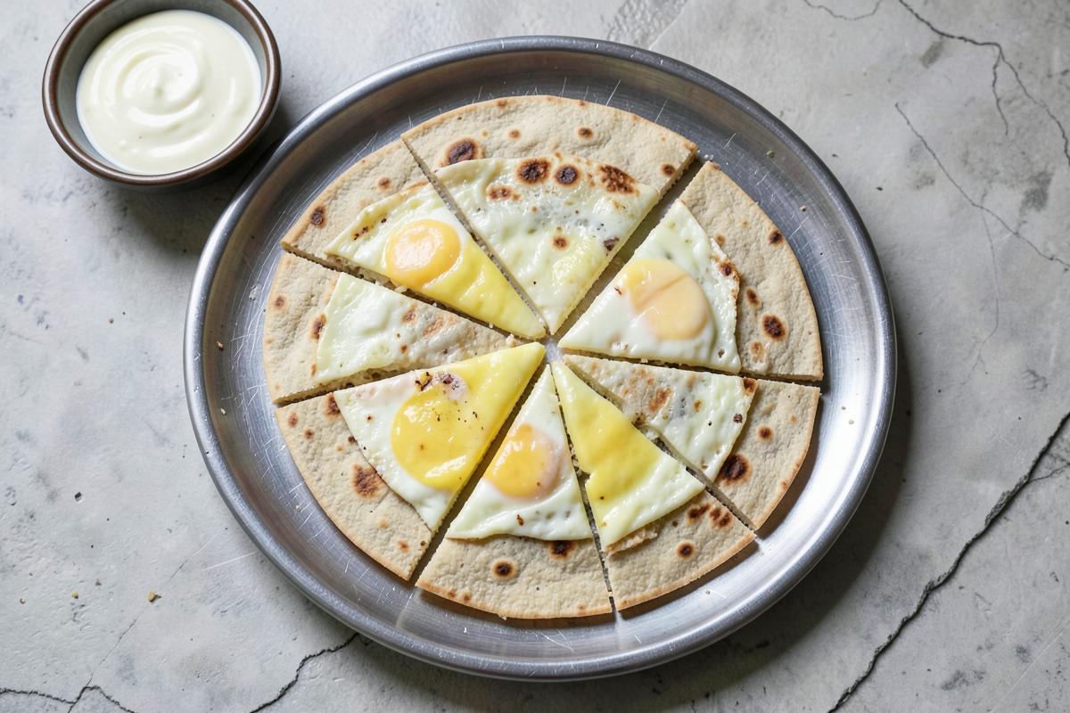 Anda paratha folded on a steel plate with a katori of curd