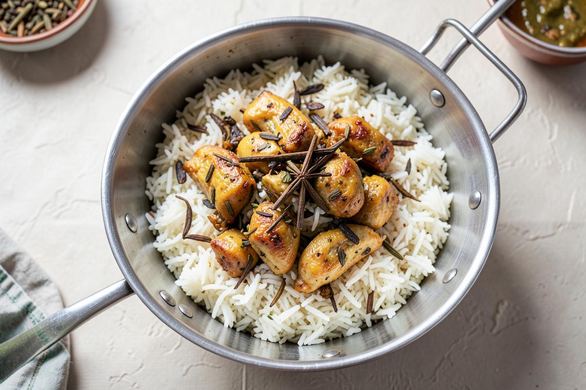 Plate of yakhni pulao with chicken pieces and whole spices