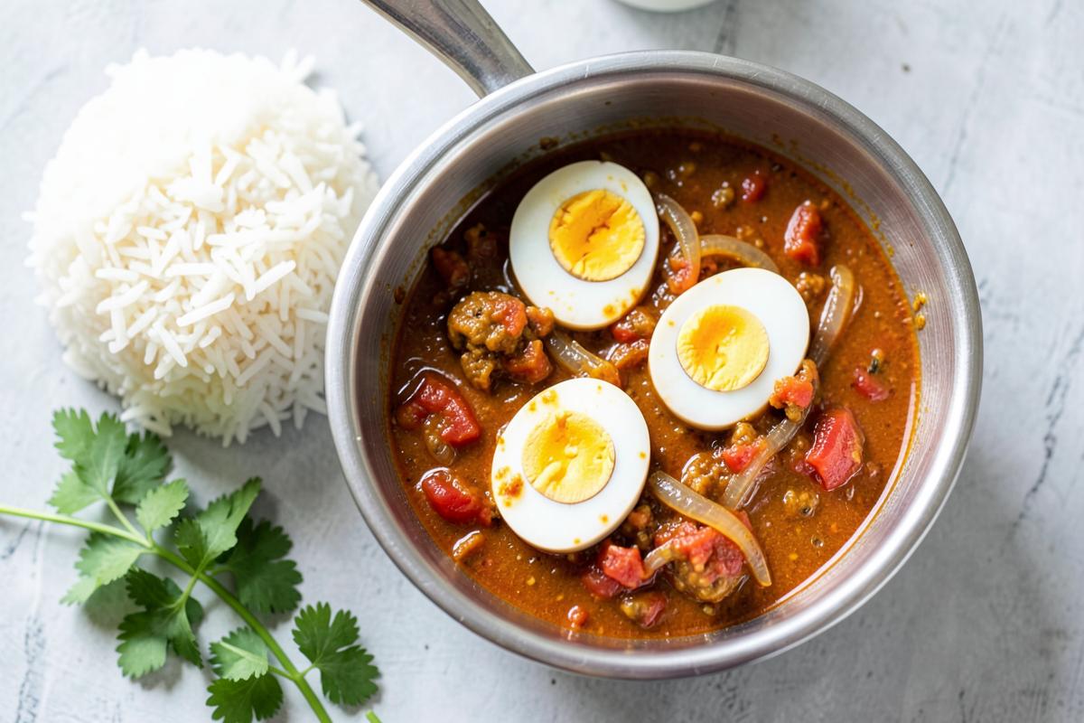 Steel bowl of egg curry with halved eggs in gravy beside a plate of rice
