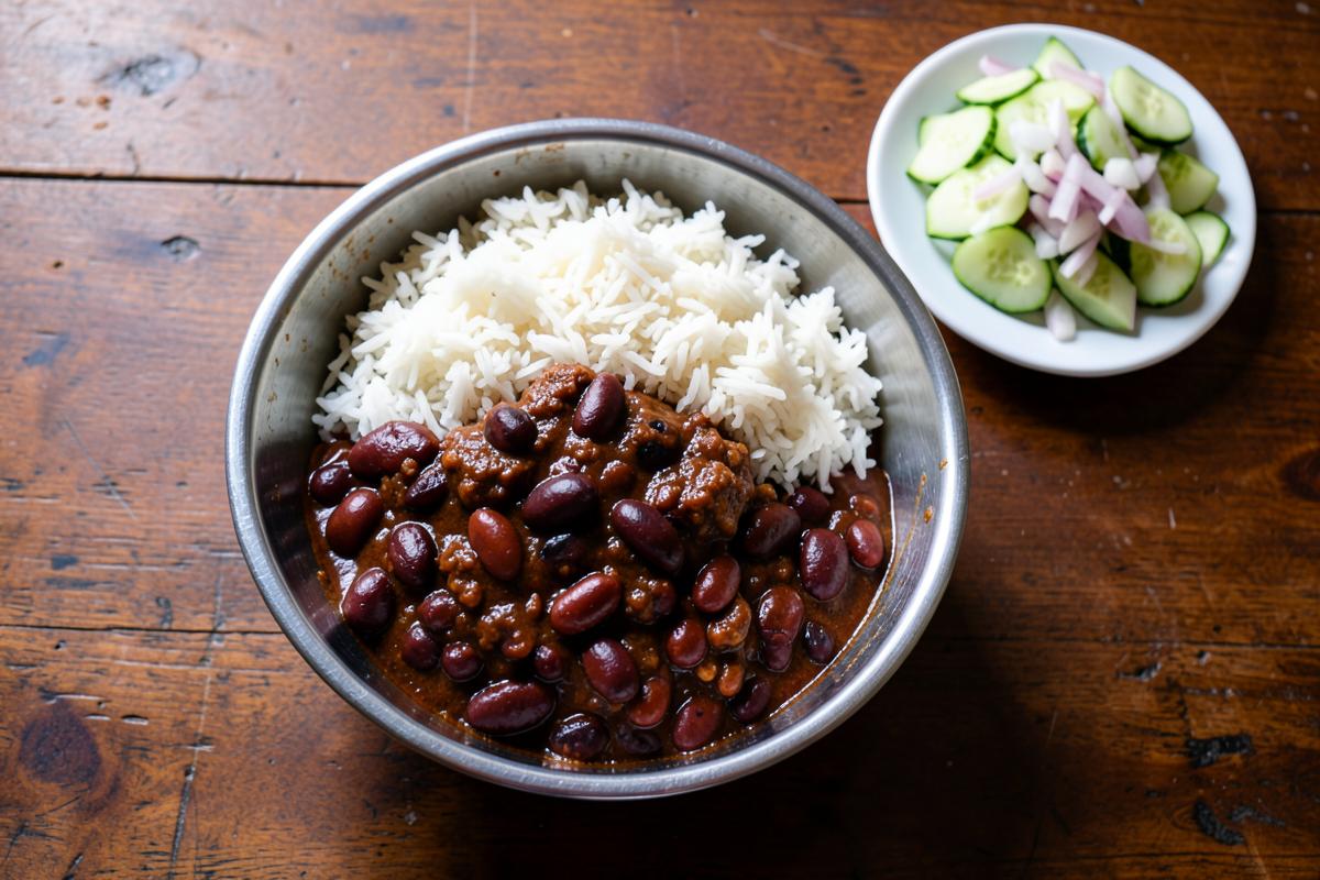 Bowl of rajma (kidney bean) curry with steamed rice and a cucumber salad on the side