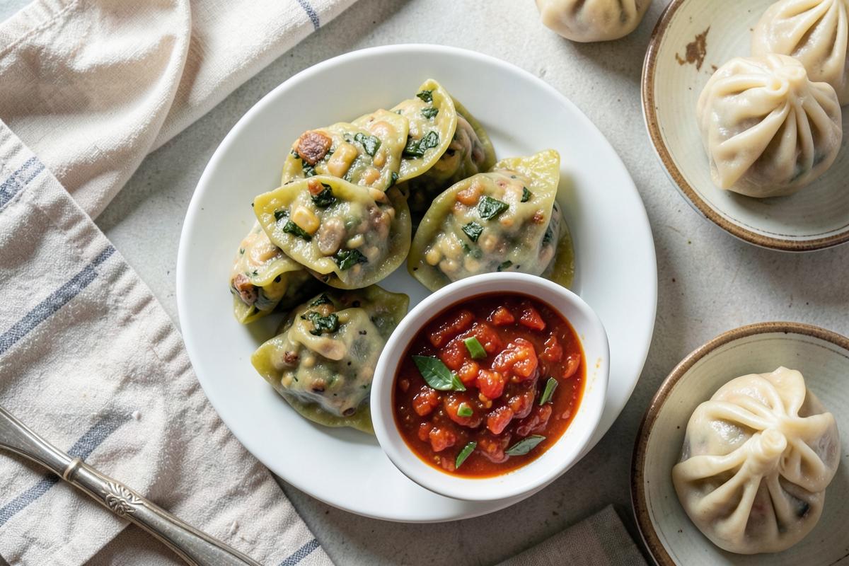 Steamed vegetable momos on a steel plate with tomato chutney in a small bowl