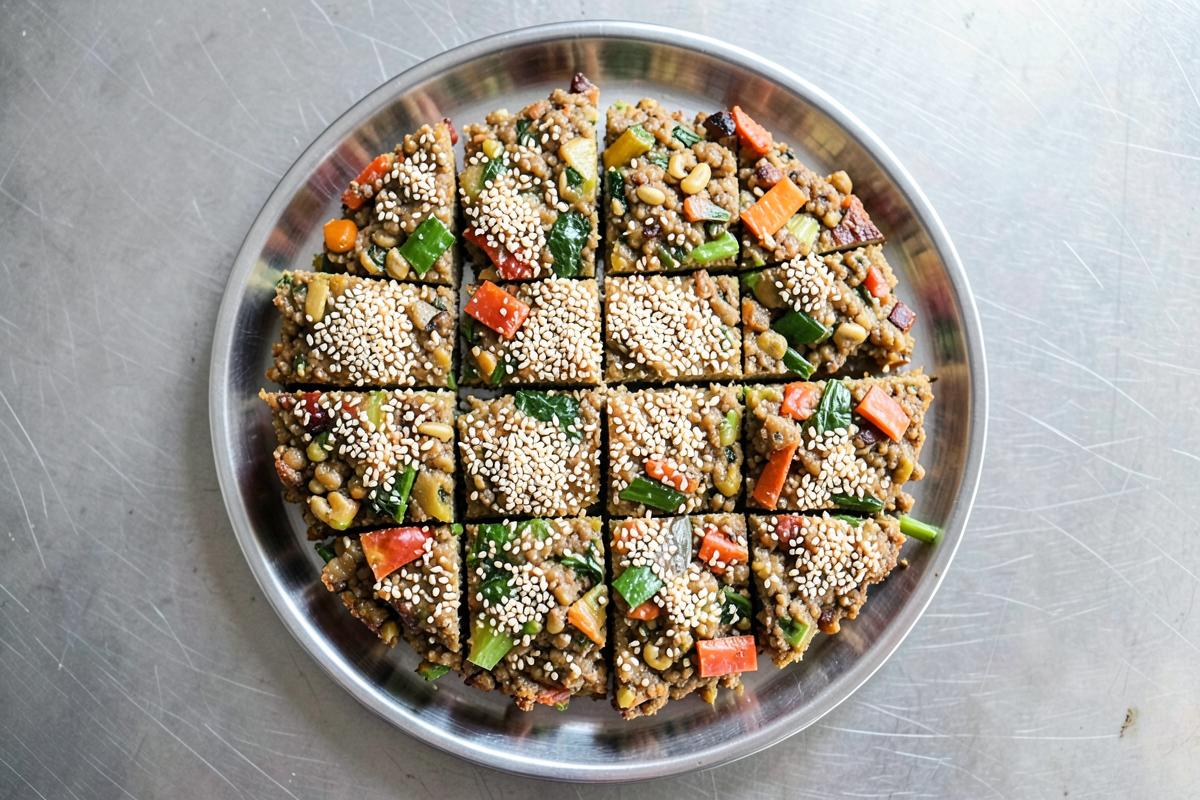 Sliced vegetable handvo on a steel plate with green chutney