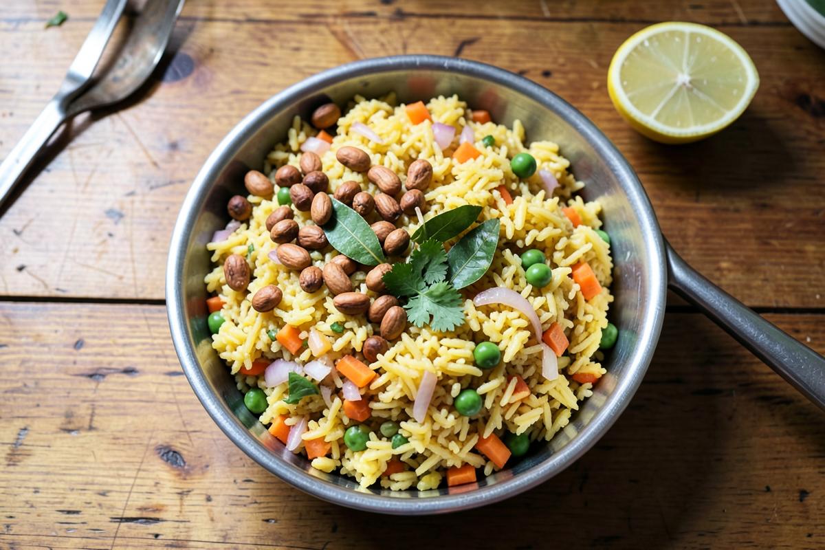 A steel plate of vegetable poha with peanuts garnished with coriander and lemon