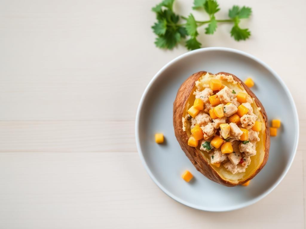 Jacket potato with tuna and sweetcorn served and ready to eat