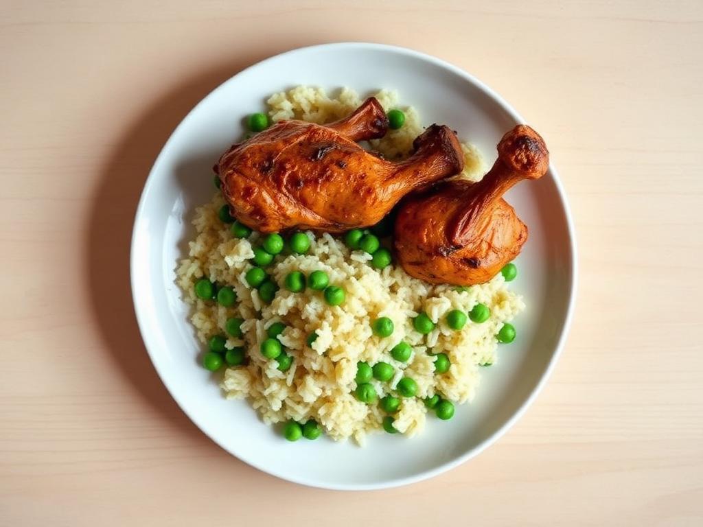 Jerk-spiced chicken with rice and peas served and ready to eat
