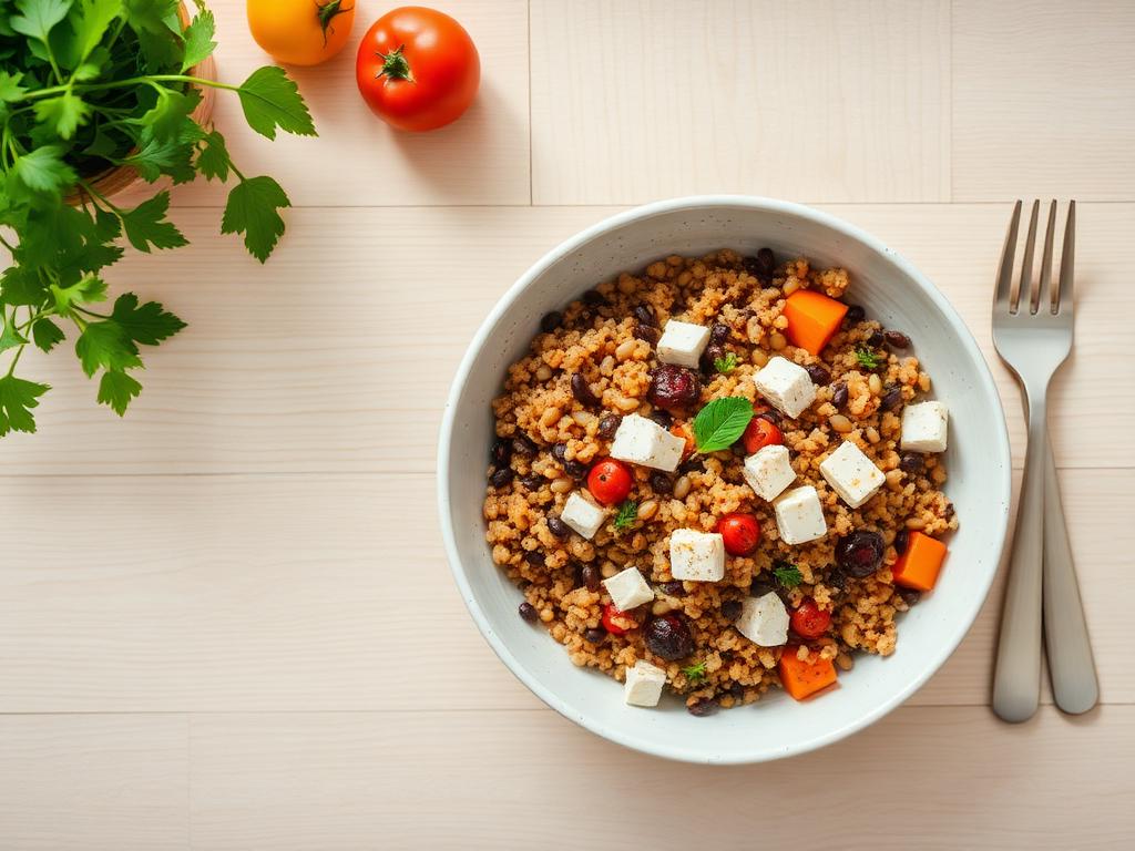 Lentil and feta grain bowl served and ready to eat