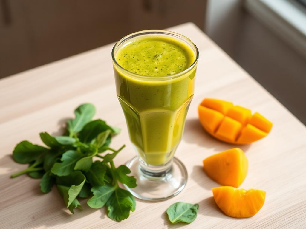 Mango, spinach and orange smoothie served and ready to eat