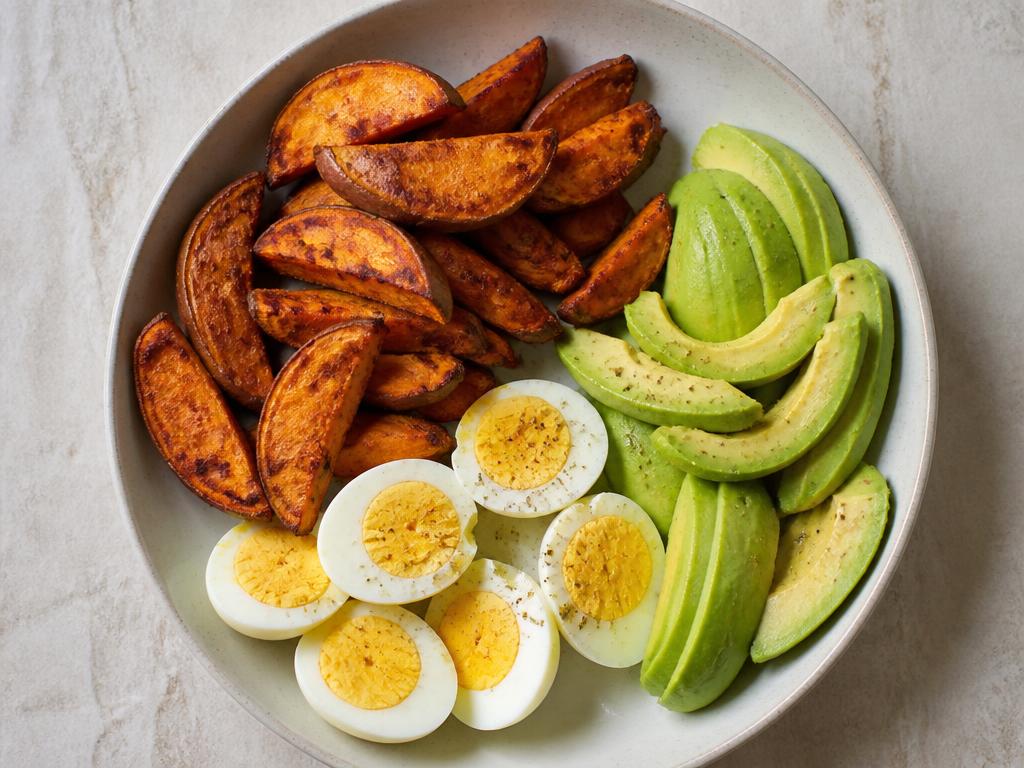 Plate of sliced avocado, hard-boiled egg halves and roasted sweet potato wedges