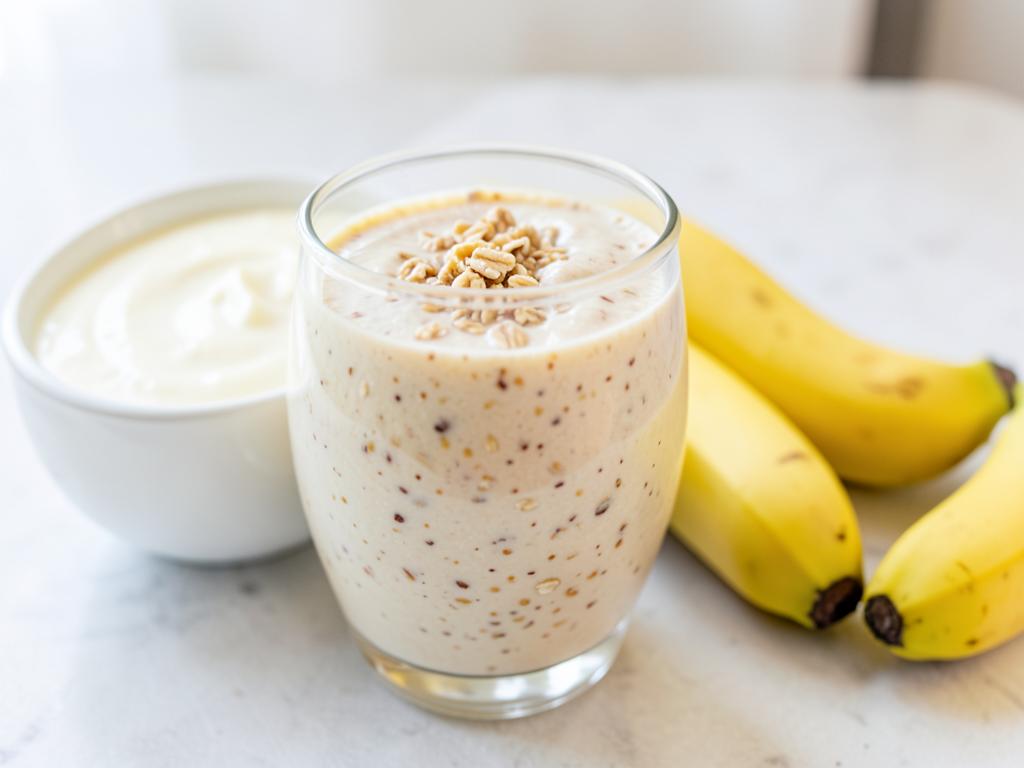 Glass of banana, oat and yoghurt smoothie with a banana beside it