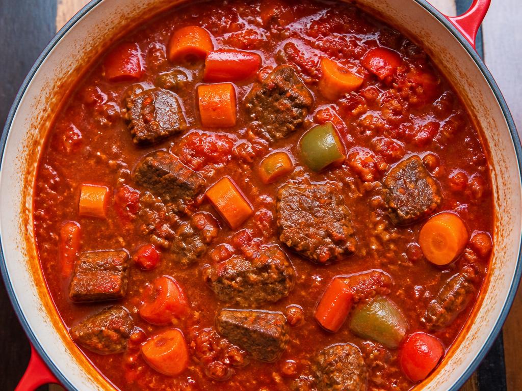 Pot of Nigerian beef and vegetable stew with tomato, carrot and greens