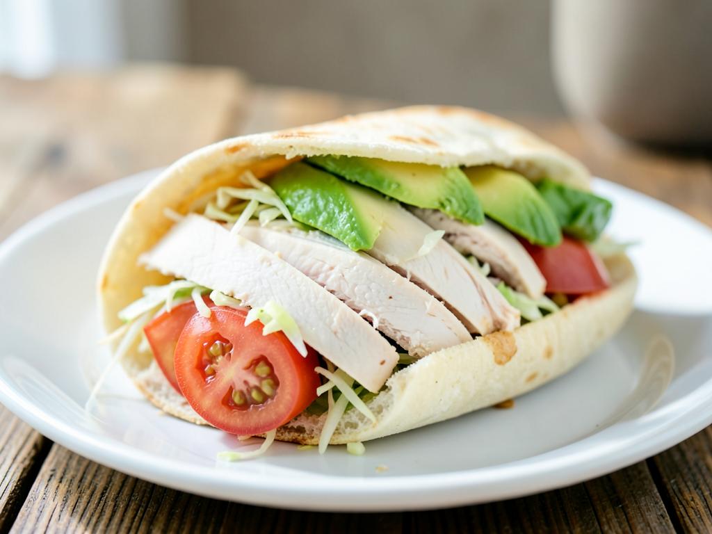 Wholemeal wrap filled with cooked chicken, avocado and salad