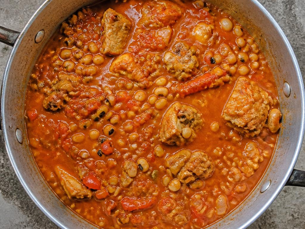 Pot of Nigerian chicken and black-eyed bean stew in tomato pepper sauce